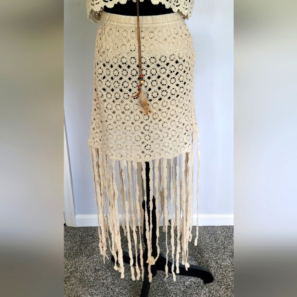 POL Cream Crochet Skirt With‎ Fringe Resort Wear. One Size NWOT